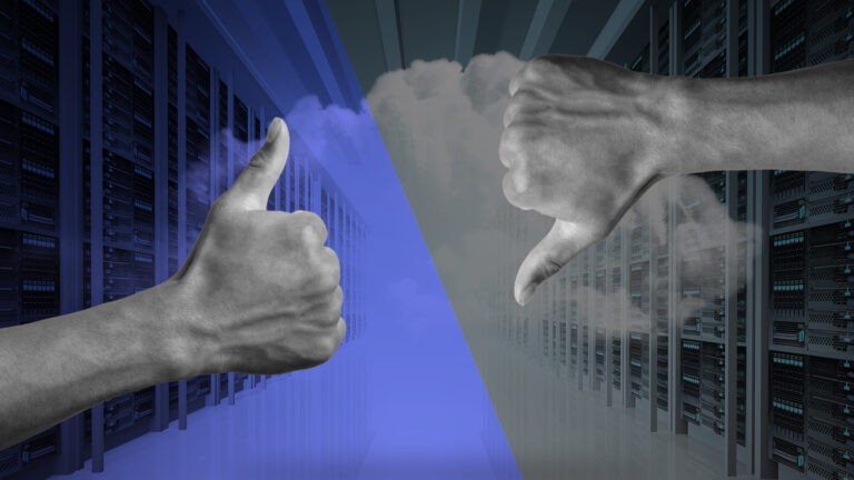 A split image with a thumbs-up on one side and a thumbs-down on the other, set against a backdrop of cloud-filled server rooms.