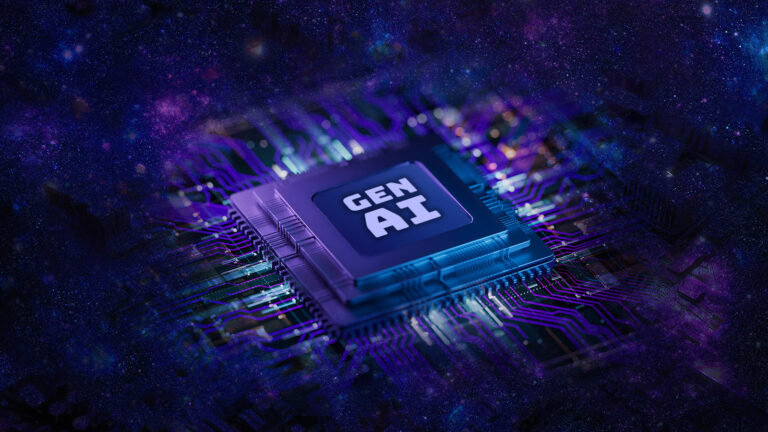A computer chip with "Gen AI" written on it, surrounded by a vibrant digital circuit design, set against a cosmic background.
