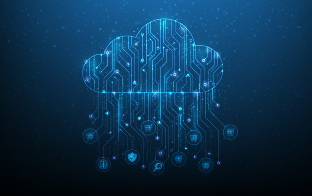 Digital cloud with circuit patterns and various icons representing connectivity, technology and cloud marketplaces.