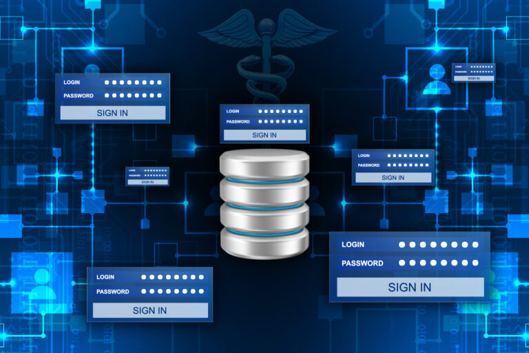 A digital graphic of a central database with a caduceus medical symbol above it, surrounded by multiple login screens, representing secure access to healthcare data.