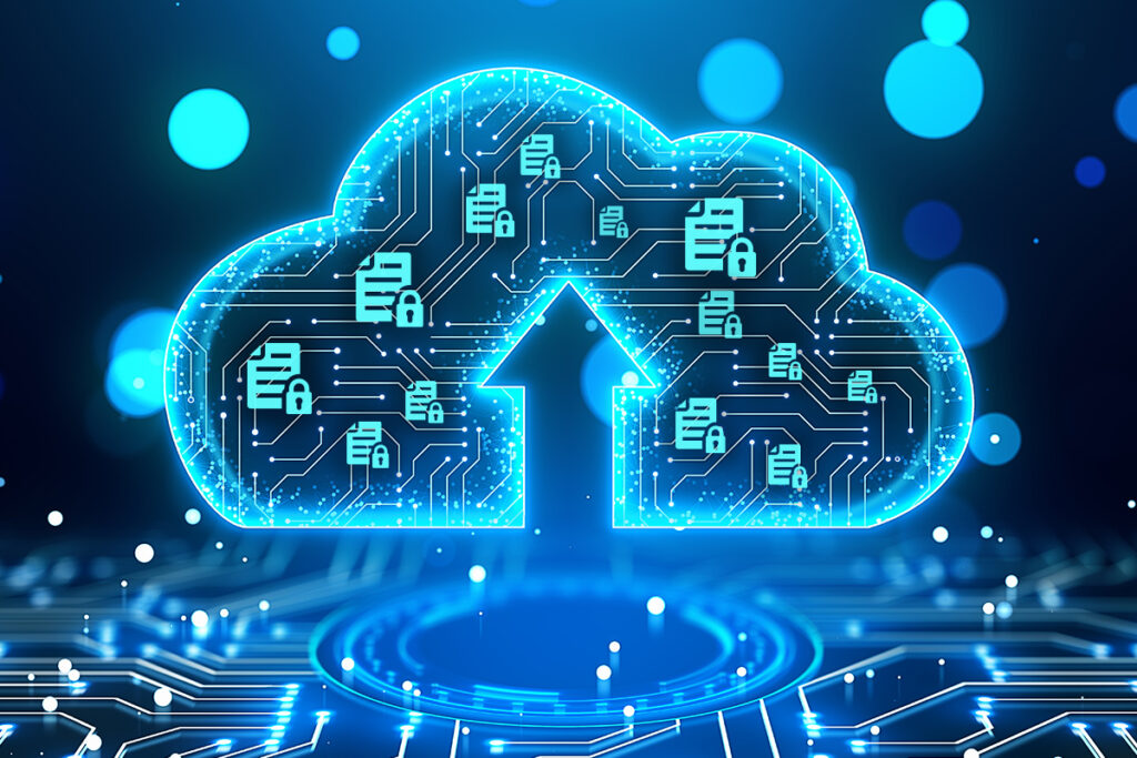 A glowing blue cloud icon made of digital circuits, with an upward arrow indicating a secure file upload.