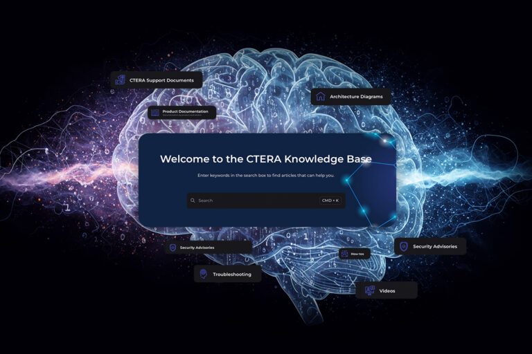 The CTERA Knowledge Base interface, featuring a central search bar, is overlaid on a glowing-blue digital brain graphic. Labels point to sections like 'Product Documentation,' 'Architecture Diagrams,' and 'Troubleshooting.'