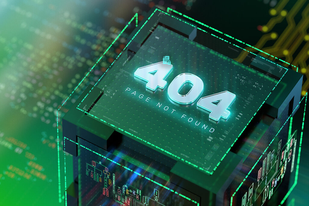 A stylized image of a computer processor with a glowing “404 Page Not Found” error, symbolizing a service outage.