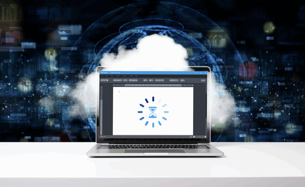 A laptop showing a file loading icon, symbolizing remote work lag. Behind it, a cloud and a digital globe represent CTERA’s instant global file access.