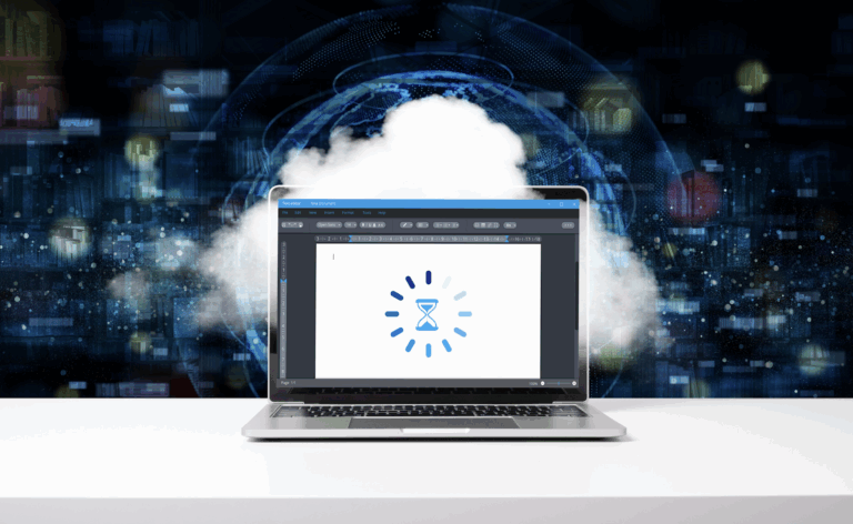 A laptop showing a file loading icon, symbolizing remote work lag. Behind it, a cloud and a digital globe represent CTERA’s instant global file access.