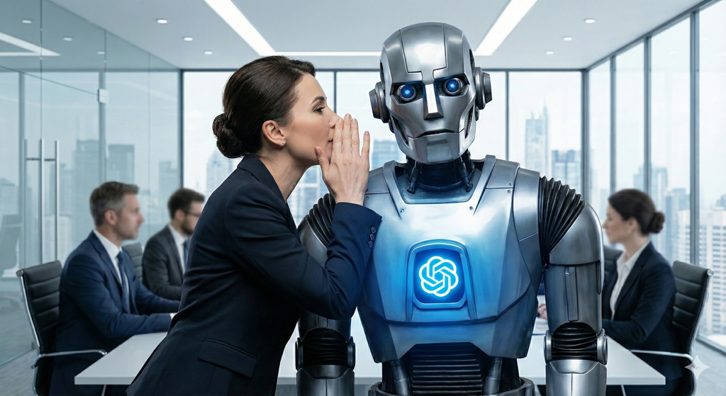 A businesswoman whispers into the ear of a humanoid robot in a modern office conference room, with colleagues in the background.
