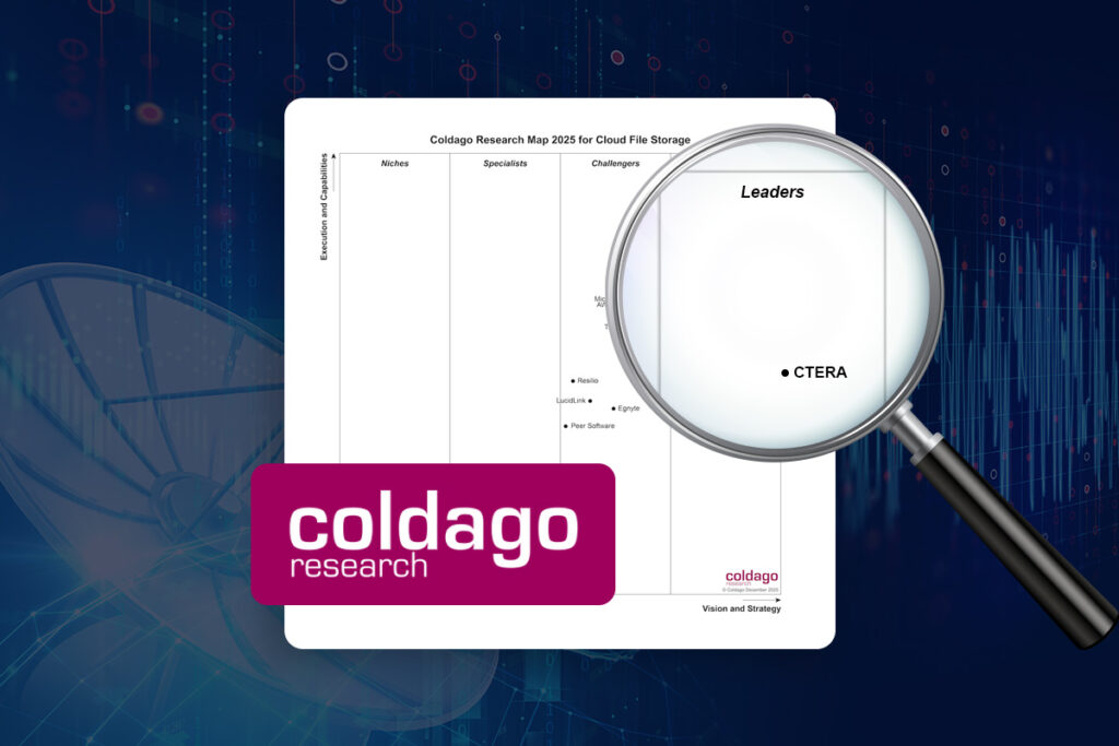 Coldago Research Map 2025 for Cloud File Storage, with a magnifying glass highlighting CTERA's position in the "Leaders" quadrant.