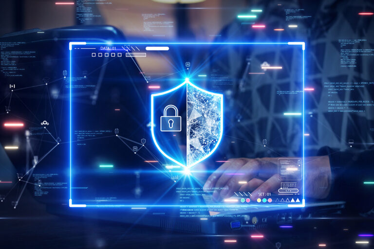 A glowing blue cybersecurity shield hovers over a laptop, symbolizing AI-powered data protection.