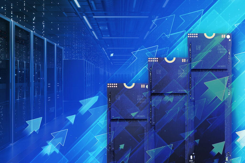 Stylized image of SSDs in a data center or server room with glowing arrows pointing upwards to represent rising costs."