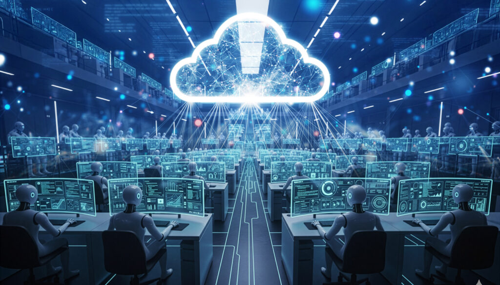 A futuristic data center where humanoid robots work on computers, all connected to a large, glowing cloud icon suspended above them.