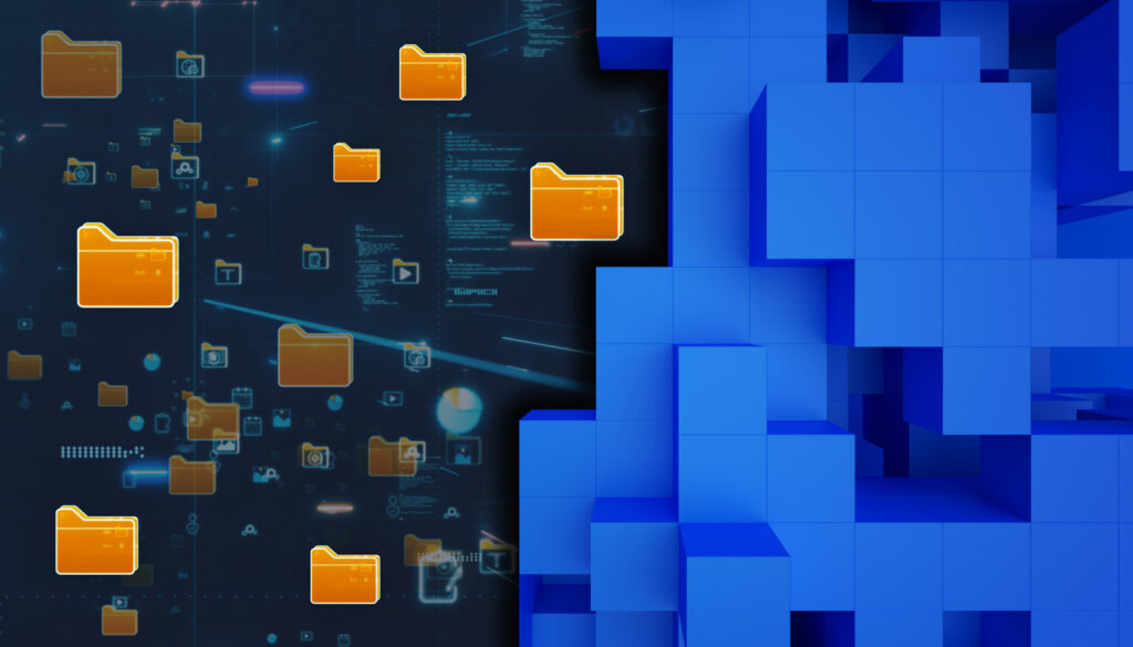 An abstract image contrasting file storage, represented by orange folders on a digital background, with object storage, represented by a solid structure of blue blocks.