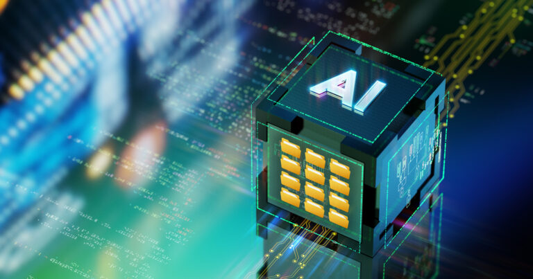 An AI-powered cube unifies file and block storage, symbolizing a federated data architecture for intelligent data management.
