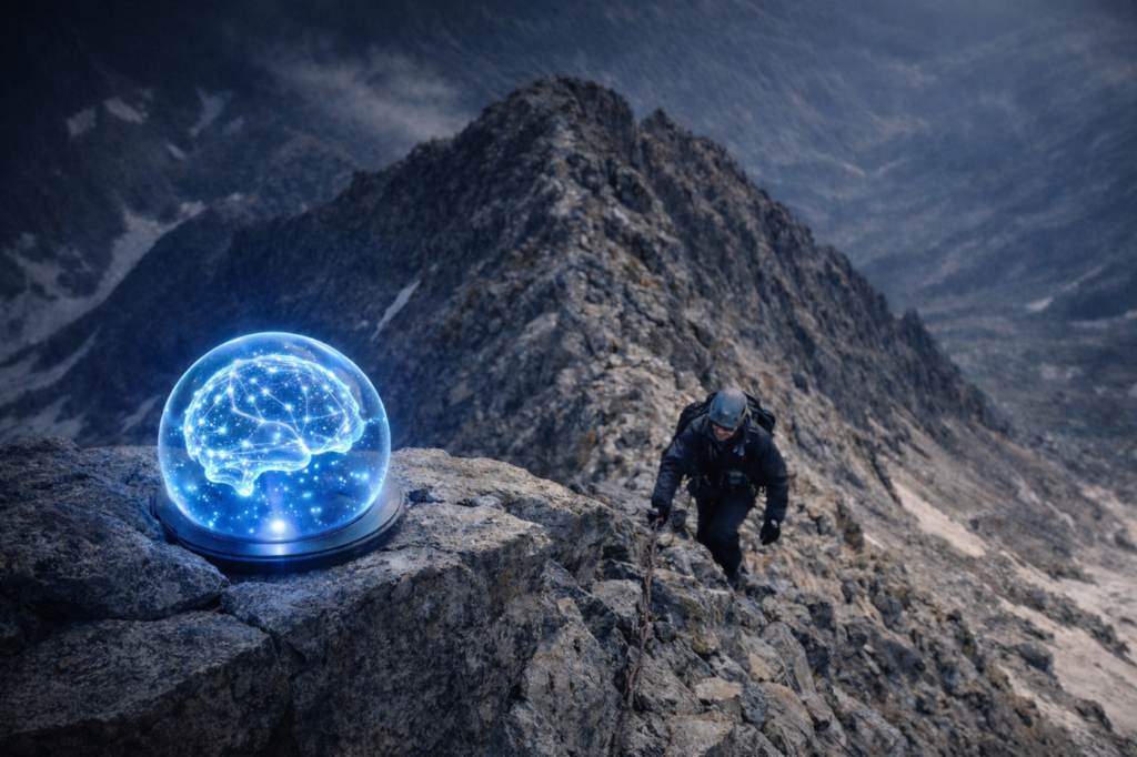 A mountain climber reaches the summit, striving for a glowing blue orb symbolizing AI-powered insights and data intelligence.