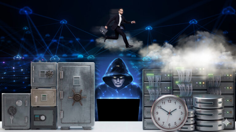 A collage illustrating business resilience, showing a man in a suit leaping over a hooded hacker, server racks, and physical safes, all under a digital cloud network.