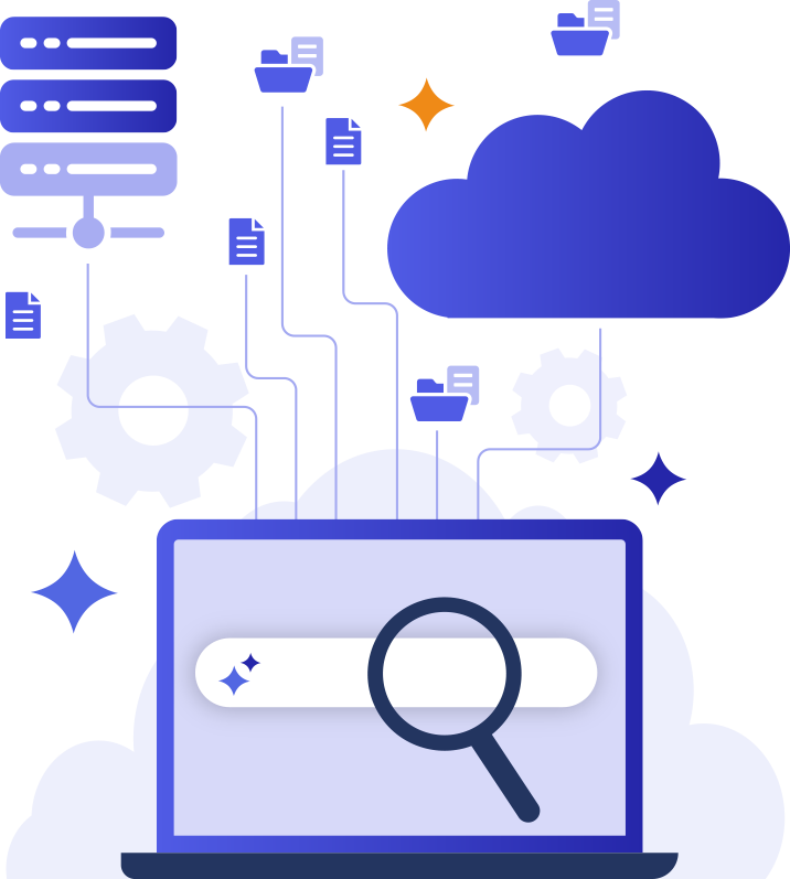 Illustration of cloud computing and data search: a laptop with a search bar, magnifying glass, gears, and floating file icons connected by lines.