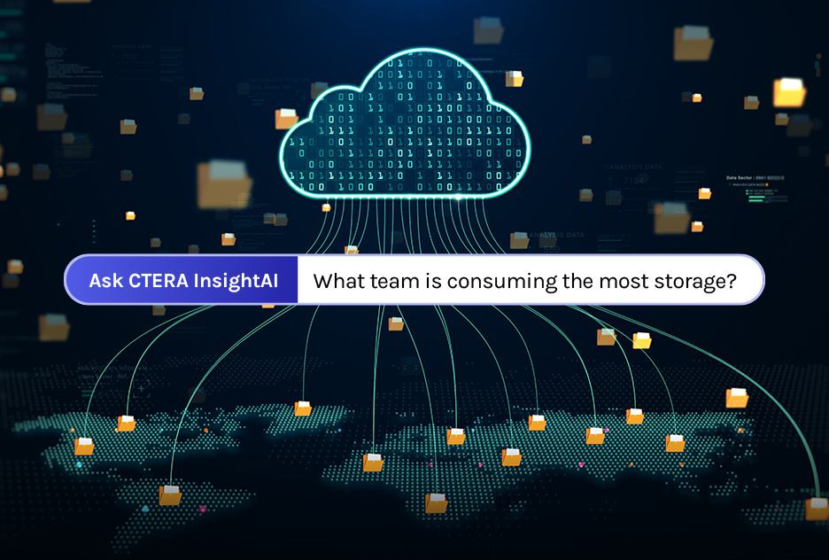 Cloud-based data visualization with folders across a world map, prompting: 'Ask CTERA InsightAI: What team is consuming the most storage?'