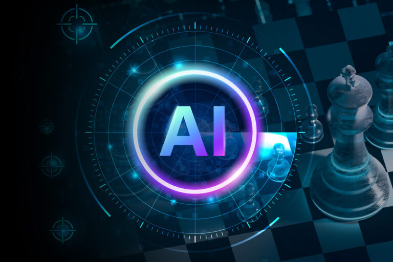 A glowing AI logo sits at the center of a futuristic targeting system, superimposed over a chessboard to represent strategic artificial intelligence.