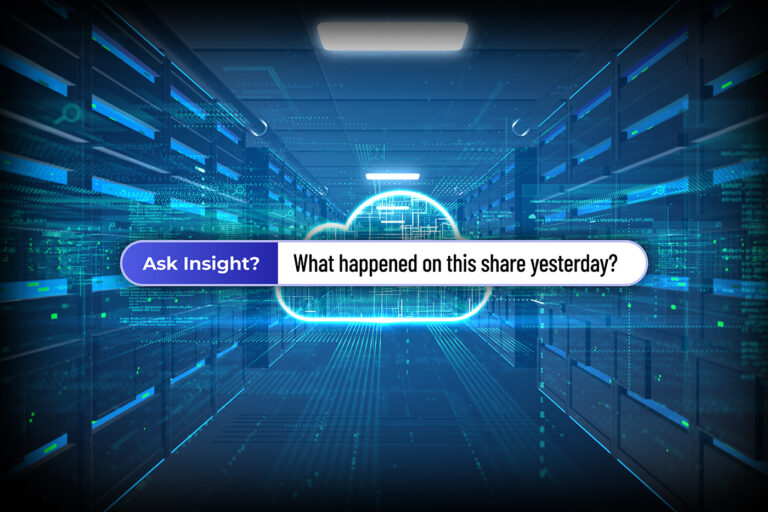 A data center aisle with a floating search bar inside a glowing cloud, asking 'What happened on this share yesterday?' to represent CTERA Insight's natural language file audit capabilities.