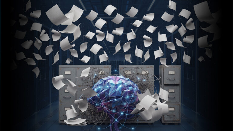 Futuristic glowing geometric sphere connected by blue lines sits among tangled cables in a server room as papers swirl overhead.