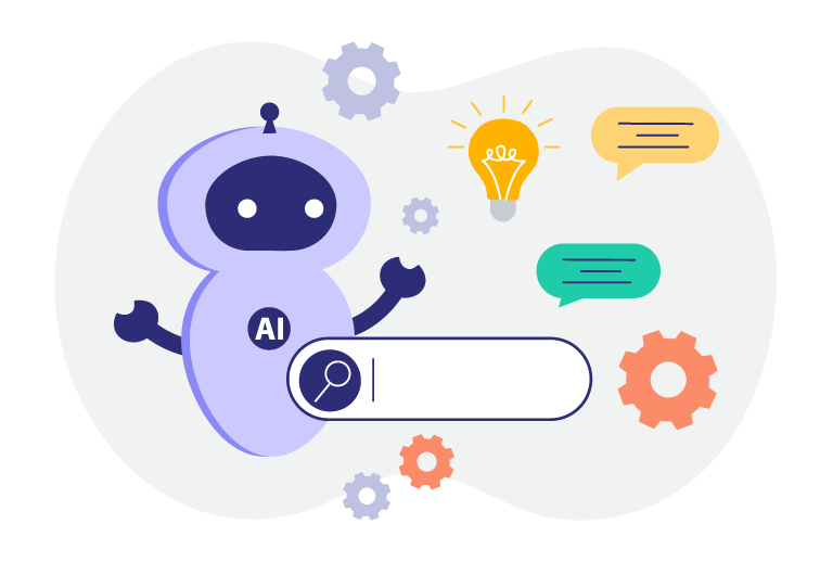 Purple AI robot with an 'AI' badge stands beside a rounded search bar, surrounded by gears, a glowing lightbulb, and speech bubbles, symbolizing AI-powered ideas and search.