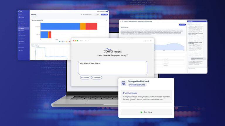 A laptop shows the CTERA Insight AI-powered data analytics dashboard. The interface features a natural language chat window for asking questions about data, with various charts and reports on user activity and storage growth visible in the background.