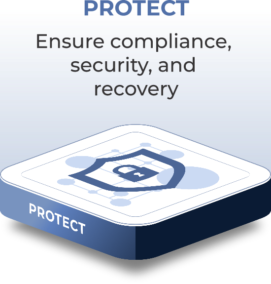 Blue gradient banner: 'PROTECT' and 'Ensure compliance, security, and recovery' with a 3D shield on a platform.