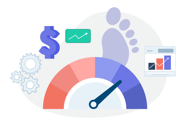 Illustration of a performance dashboard with a speedometer gauge, gears, a dollar symbol, a small growth chart, and a footprint in the background, conveying business metrics and efficiency