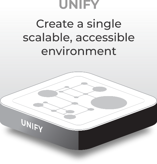 UNIFY logo with the slogan: Create a single scalable, accessible environment, over a 3D network diagram on a rounded platform.