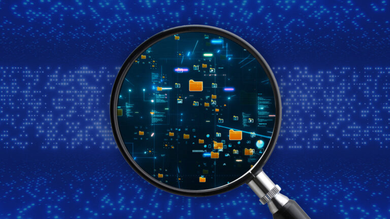 A magnifying glass revealing a detailed network of digital folders and files against a background of a blue data grid, symbolizing a deep search or data analysis.
