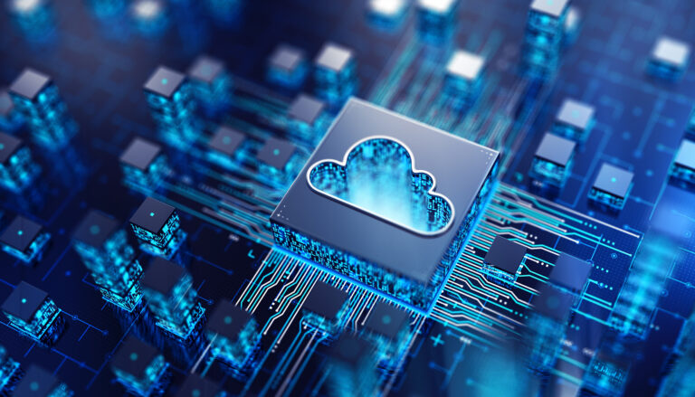 Blue circuitry with a cloud icon on a metallic chip, symbolizing cloud computing and data processing on a digital board.
