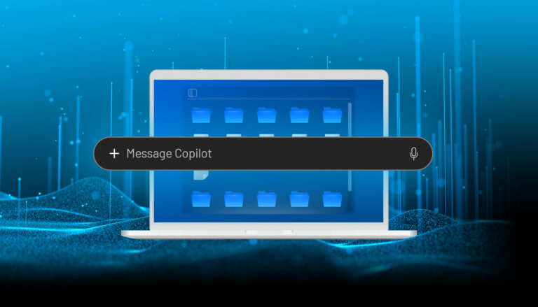 Copilot chat interface with 'Message Copilot' input and Rewrite, Create, Summarize, Find buttons on a blue tech background