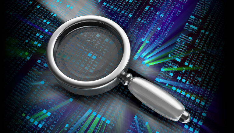Magnifying glass examining streams of binary code and data blocks on a dark digital background, symbolizing data analysis and enterprise storage inspection.
