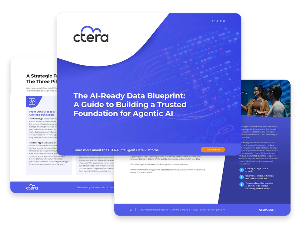 Ebook cover for CTera titled 'The AI-Ready Data Blueprint: A Guide to Building a Trusted Foundation for Agentic AI' on a blue gradient background with CTera logo.