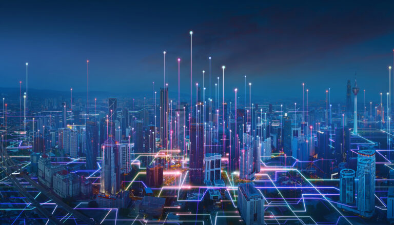 Nighttime futuristic cityscape with glowing neon lines and tall vertical light poles above skyscrapers.