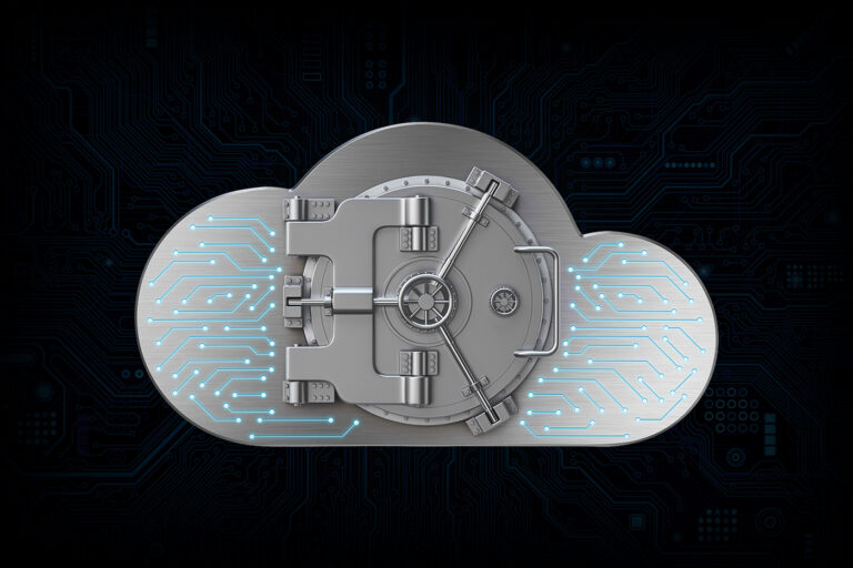 Metal vault door embedded in cloud-shaped icon with glowing circuit patterns, symbolizing secure cloud data archiving