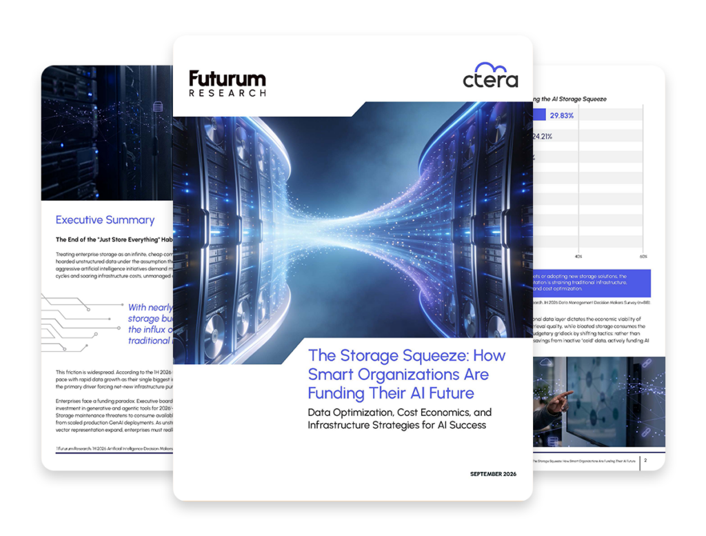Front cover of a research report showing a blue, high-tech data-center image and the title 'The Storage Squeeze: How Smart Organizations Are Funding Their AI Future' with Futurum Research and CTERA logos. The design conveys a professional AI storage theme.