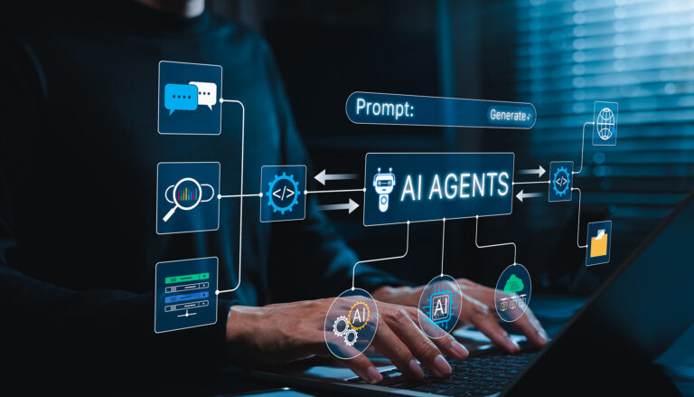 Person typing on laptop with glowing AI agents diagram showing prompt, tools, search, code, and cloud connections