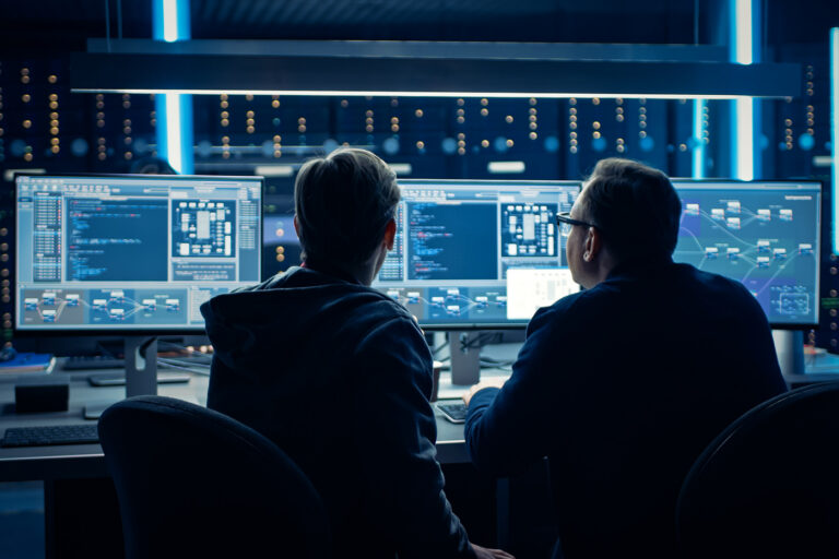Two engineers collaborating at multi-monitor workstations reviewing code and system workflow diagrams