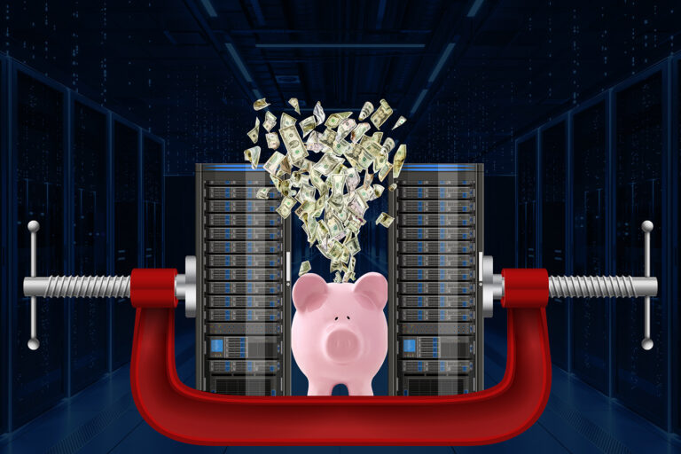 A red clamp squeezes a piggy bank between two server racks as cash bursts upward, set in a dark data center aisle.