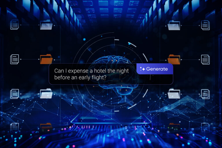 A glowing digital brain at the center of a dark blue data tunnel, with a prompt box reading “Can I expense a hotel the night before an early flight?” and a “Generate” button, surrounded by folders and documents.